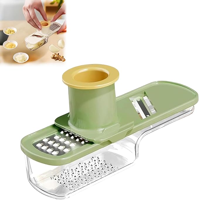 Multifunctional Garlic Grinder, 3 in 1 Mini Garlic Slicer Super Thin with Hand Guard, Vegetable Garlics Ginger Grind, Slice and Shred Mandoline Cutter with Container for Kitchen Tool (Green)
