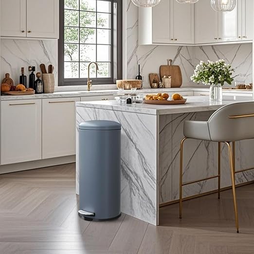8-Gallon Stainless Steel Trash Can – Round, Slim Garbage can featuring a Removable Inner Liner, Soft Close Lid, Step-on Pedal. Ideal for use in the Kitchen,Office, Living room, or Bathroom,Grey.