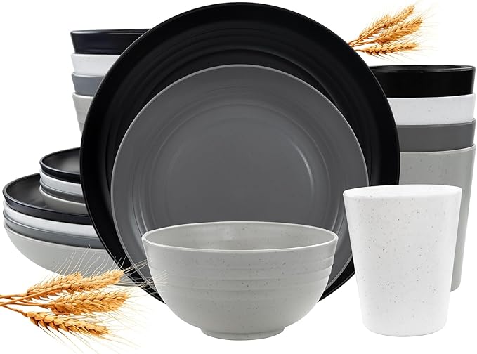 LIYH 16 Pcs Plastic Wheat Straw Dinnerware Sets for 4 - Plates and Bowls Sets Reusable Tableware Dish Set for 4 Include Wheat Straw Plates Bowls Cups Microwave Dishwasher Safe