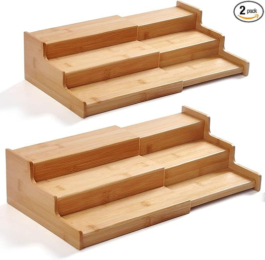 JinDoWin 2 Pack Bamboo Spice Organization for Cabinet, Cabinet Spice Organizer, 3-Tier Spice Rack Organizer for Cabinet, Kitchen Seasoning Organizer & Seasoning Rack