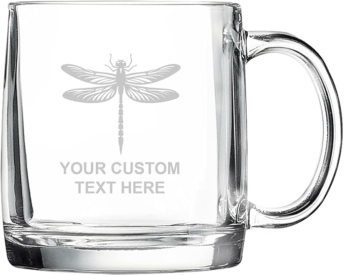 Dragonfly, Personalized 12.5 oz Polar Camel Glass Coffee Desk Mug – Custom Laser Engraved Clear Cup for Tea, Espresso, Latte, Whiskey - Microwave Safe/Made in USA