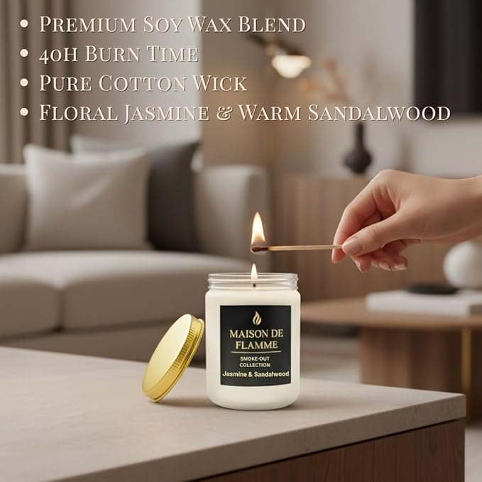 Jasmine & Sandalwood Odor-Eliminating Scented Candle, 200g/7oz White Jar – Long-Lasting Soy Wax Blend Candle for Smoke, Kitchen & Pet Odors