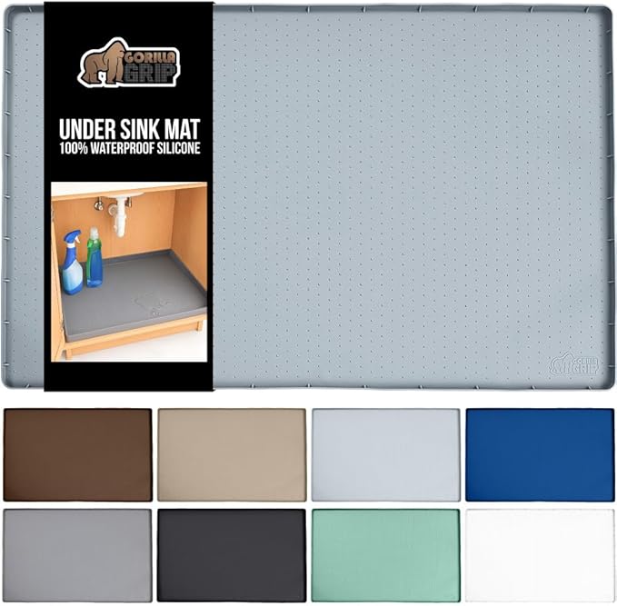 GORILLA GRIP Waterproof Silicone Under Sink Mat with Raised Lip for Kitchen and Bathroom, Cabinet Shelf Liner Stay in Place Mats Dishwasher Safe Drawer Liner, Organizer Tray, 19 x 22 in, Light Grey