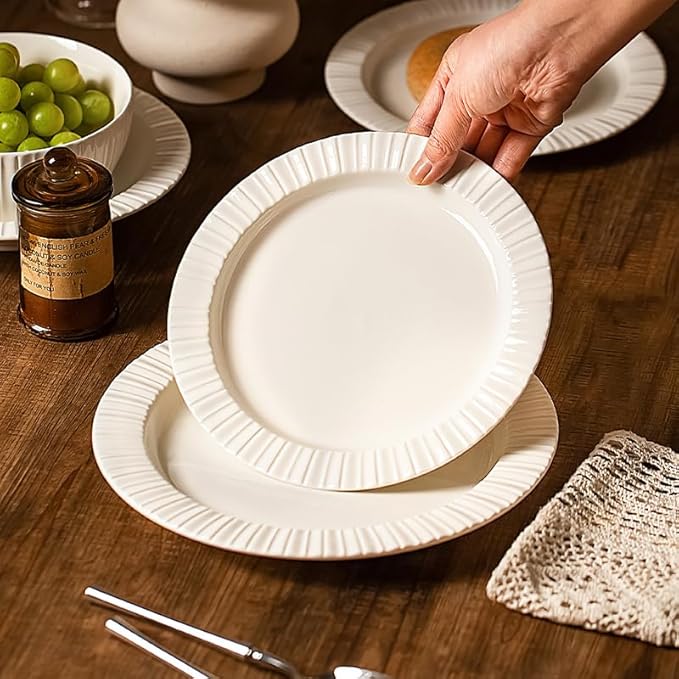 12-Piece White Ceramic Dinnerware Set - Rhine Series, Service for 4, Includes Bowls, Flat & Deep Plates, Microwave & Dishwasher Safe