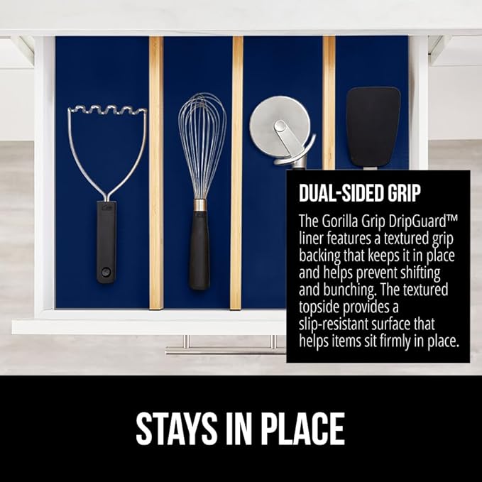 GORILLA GRIP DripGuard Shelf Liner, Non Adhesive Drawer and Kitchen Cabinet Protector, Slip Resistant BPA Free Smooth Surface Plastic Liners for Cabinets, Bathrooms, Closets, 12x120 Inch, Navy Blue