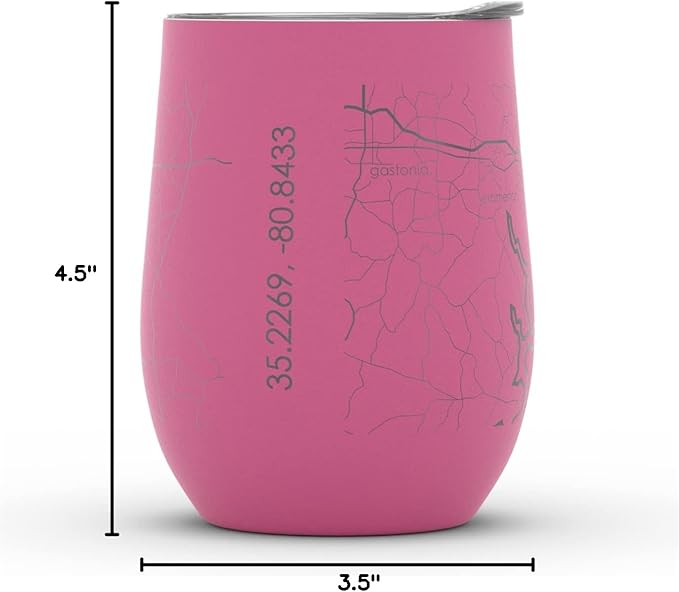 Well Told Engraved Charlotte North Carolina Map Insulated Wine Tumbler, Etched Stainless Steel Cup (12 oz, Sunset Pink) City Map Insulated Tumbler, Custom Insulated Tumbler, Outdoor Drinkware