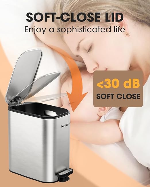 Lovewind 2 Pack Bathroom Trash Can with Lid, 1.6 Gallon/ 6 Liter Stainless Steel Garbage Can with Removable Inner Bucket, Step Pedal Wastebasket-Narrow Waste Bin for Bathroom, Toilet, Bedroom, Silver