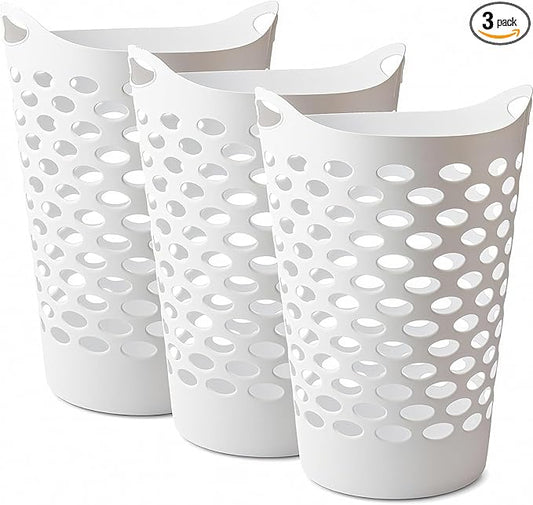 (3 Pack) Plastic Round Laundry Hamper, White - 2.2 Bushel Capacity, Lightweight & Durable with Carrying Handles for Home, Dorm, Bedroom, Apartment & Bathroom