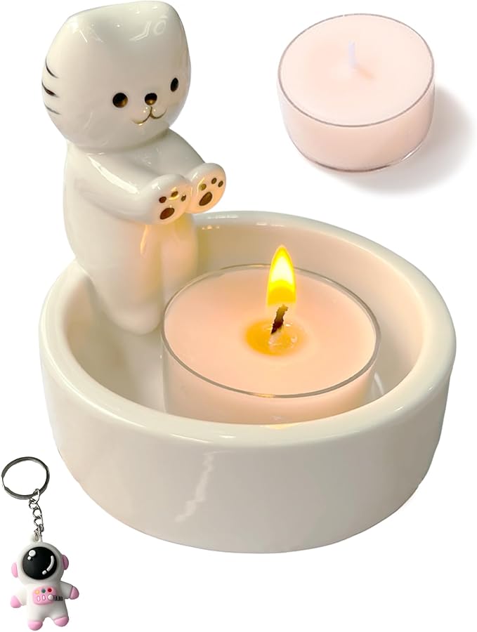Cat Candle Holder, Cute Cartoon Kitten Scented Candles Candle Lamp, Handmade Ceramic Candlestick,Cartoon Cute Scented Candle Sticks Holder Decor, Gift for Cat Lover - Aromatherapy Candle Included