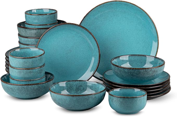 24 Piece Dinnerware Sets for 6， Scratch Resistant,microwave oven and Dishwasher Safe Plates and Bowls Sets Ceramic, Dish Set, Bowl and Plate Set -Kiln turned sea blue
