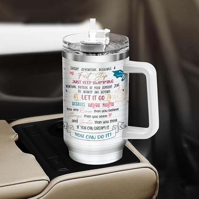 Graduation Castle Adventure, Tumbler 40 Oz With Handle Lid And Straw, Graduation Gifts, Tumblers Rainbow Gold Senior White Class Handle Of Purple Royal Teal Blue Heart