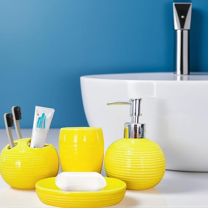 4Pcs/Set Yellow Bathroom Accessories Ceramic Vibrant Soap Dispenser with Toothbrush Holder & Soap Dish & Cup Complete Toothbrush Holder Set