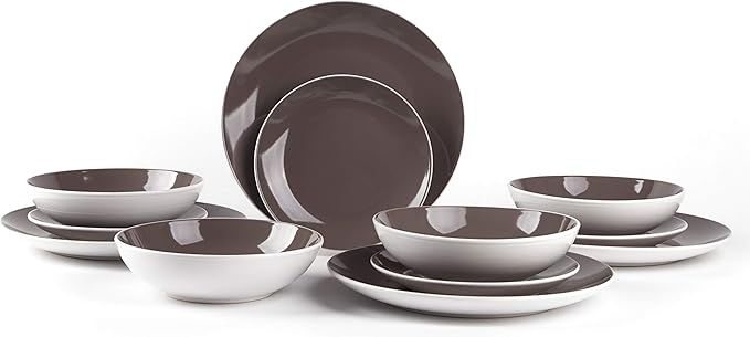 Stoneware Coupe Shape 12pc Dinnerware Set, Outside White + Inside Taupe