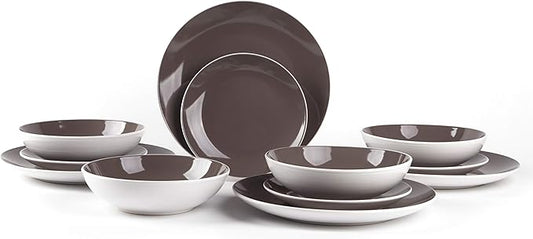 Stoneware Coupe Shape 12pc Dinnerware Set, Outside White + Inside Taupe