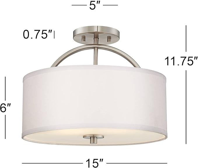 Possini Euro Design Halsted Modern Close to Ceiling Light Semi Flush Mount Fixture 15" Wide Brushed Nickel Silver White Linen Drum Shade for Bedroom Hallway Living Room Dining Room Bathroom Kitchen