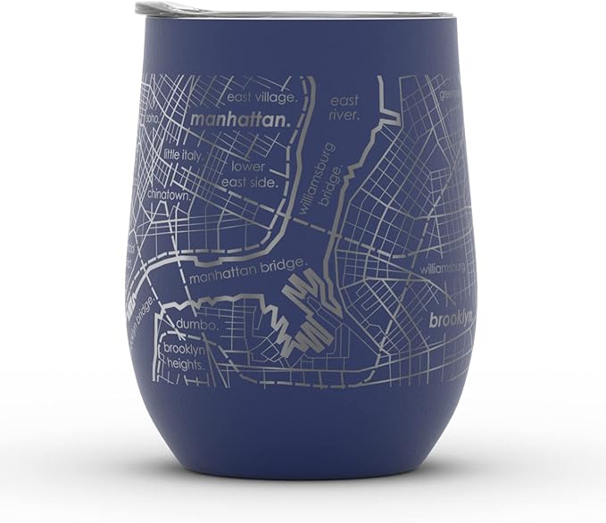 Well Told Engraved New York City Map Insulated Wine Tumbler, Etched Stainless Steel Cup (12 oz, Midnight Blue) City Map Insulated Tumbler, Custom Insulated Tumbler, Outdoor Drinkware