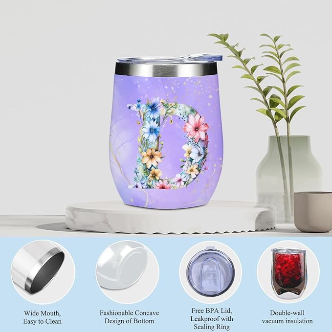 Personalized Gifts Monogrammed Birthday Gifts for Women, Niece Auntie Boss Teacher Appreciation Christmas Initial Wine Tumbler Makeup Bag Scented Candle Bracelet Set, (Aesthetic Purple Flower D)