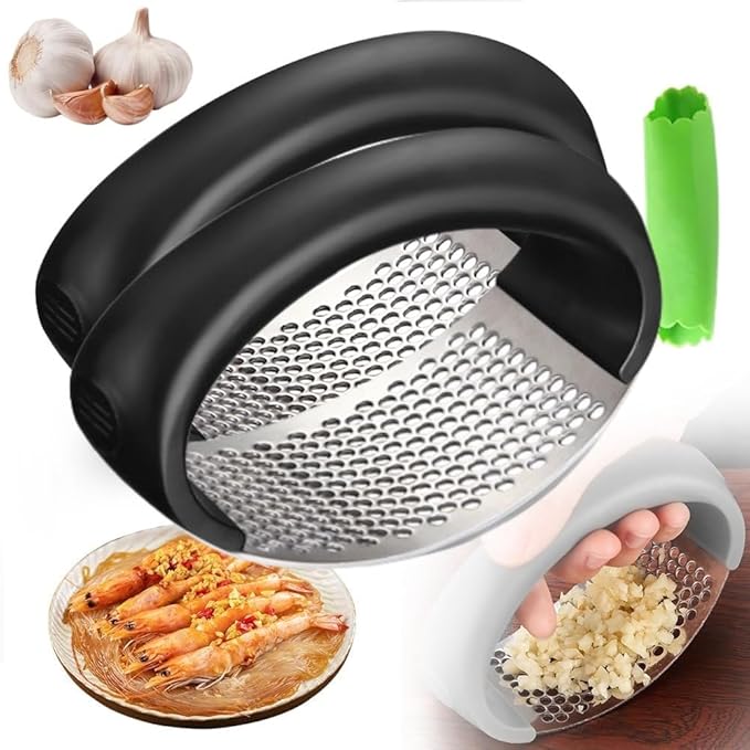 Garlic Press Rocker - 2024 NEW Stainless Steel Garlic Mincer Garlic Crusher with Peeler, New Innovative Garlic Chopper with Peeler and Scraper for Smash Garlic (Black 2pcs)