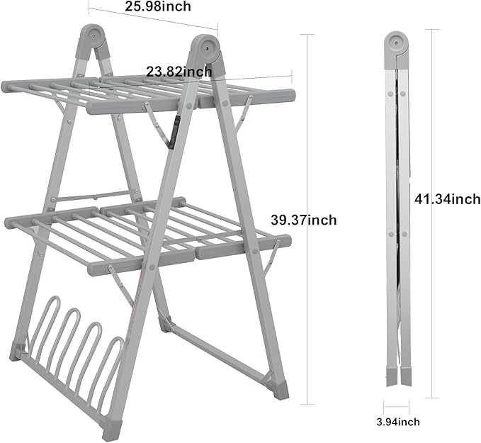 Electric Heated Clothes Drying Rack,Foldable Heated Garment Dryer with Timer Shut-Off Laundry Rack for Clothes Shoes Socks,Aluminum Alloy,Silvery Gray,Plug & Play,(39.37x25.98x23.82in)