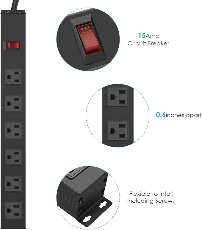 3Pack Metal Wall Mount Power Strip, Mountable Power Outlet with 6 AC Outlets, Aluminum Alloy Mount Power Socket with Switch, 6 FT SJT 3/C 14AWG Power Cord, 15A 125V 1875W (6AC)