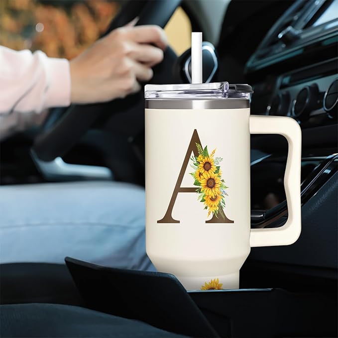 Personalized Birthday Gifts For Women - Sunflowers Monogrammed Cup For Boss Day, Christmas - Customized Gifts For Women, Mom, Wife, Coworkers, Boss Lady, Her - Custom Tumbler With Handle 40oz
