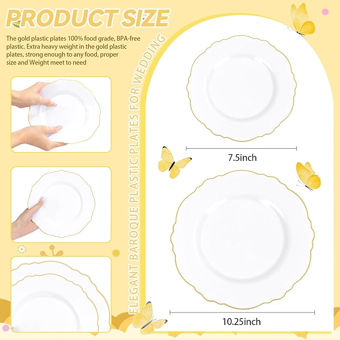 WDF 30Guest Gold Plastic Plates - High-end Baroque Design - 10.25&7.5in Wedding White and Gold Plates Disposable for Christmas Parties/Wedding