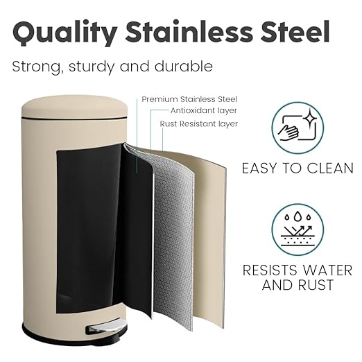 8-Gallon Trash Can, 30 Liter Stainless Steel Garbage Can, Round Trash Can with Lid, Slim Garbage can Featuring a Removable Inner Liner (Cream, 30L-Round)