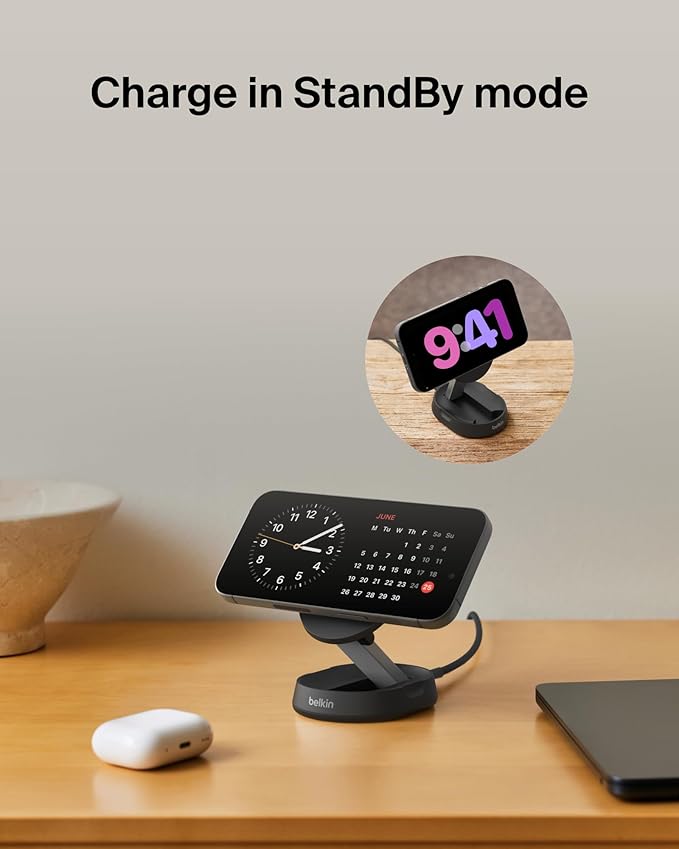 Belkin Convertible Magnetic Charging Stand 15W - MagSafe-Compatible Fast Qi2 Charger, iPhone Charger for Apple iPhone 16, 16 Plus, 16 Pro, 16 Pro Max, iPhone 15 & 14, Apple Airpods Pro, & More - Black