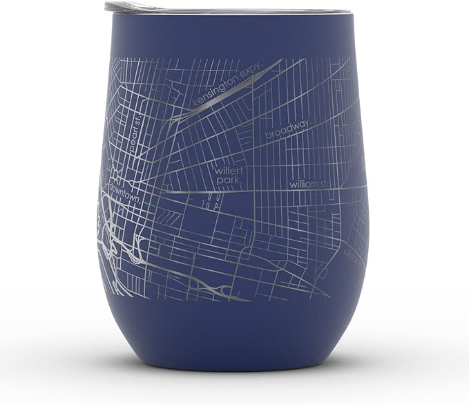 Well Told Engraved Buffalo New York Map Insulated Wine Tumbler, Etched Stainless Steel Cup (12 oz, Midnight Blue) City Map Insulated Tumbler, Custom Insulated Tumbler, Outdoor Drinkware