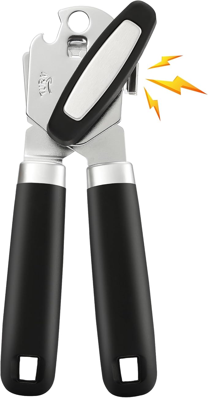 Can Opener Manual with Magnet, Vayvnt Heavy Duty Stainless Steel Can Opener Smooth Edge, Rubber Grip Handle & Easy Turn Knob, Multifunctional Kitchen Gadget for Seniors, Sharp Cutting Blade, Black