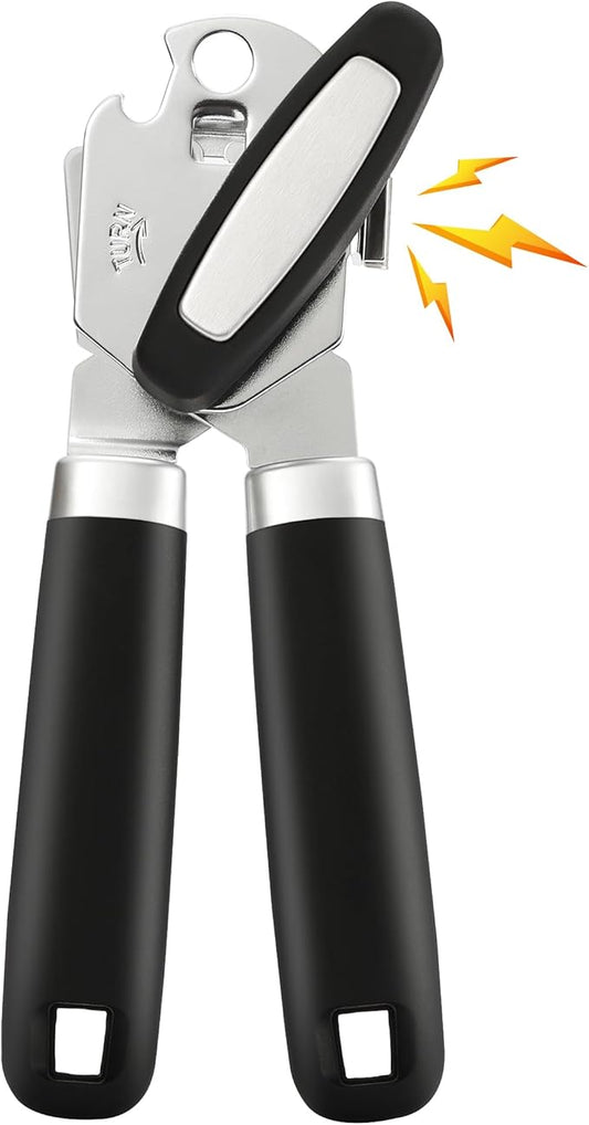 Can Opener Manual with Magnet, Vayvnt Heavy Duty Stainless Steel Can Opener Smooth Edge, Rubber Grip Handle & Easy Turn Knob, Multifunctional Kitchen Gadget for Seniors, Sharp Cutting Blade, Black