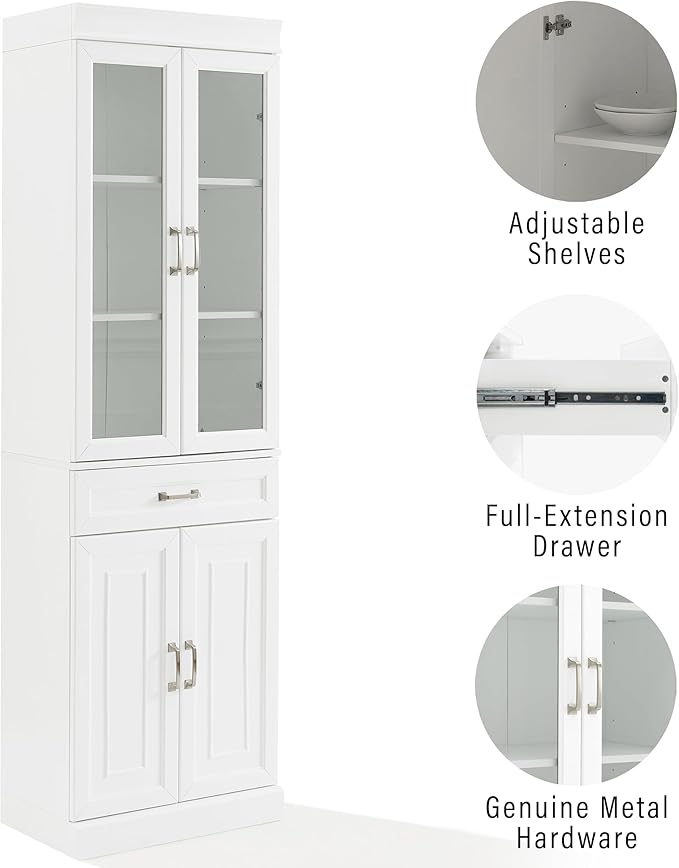Crosley Furniture Stanton Glass Door Pantry Storage Cabinet with Shelves, Kitchen, Dining, or Laundry Room, White