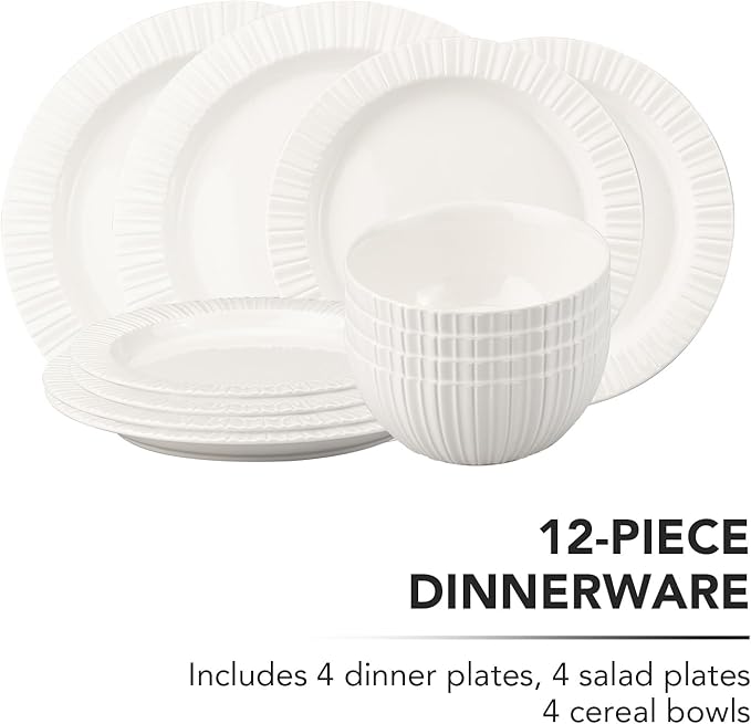 12-Piece White Ceramic Dinnerware Set - Rhine Series, Service for 4, Includes Bowls, Flat & Deep Plates, Microwave & Dishwasher Safe