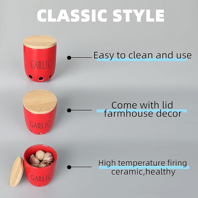 HAOTOP Ceramic Garlic Keeper for Counter, Garlic Saver Container with Wood Lid, Garlic Keeper for Kitchen, Garlic Holder to Keep Your Garlic Cloves Fresh Longer (Red)