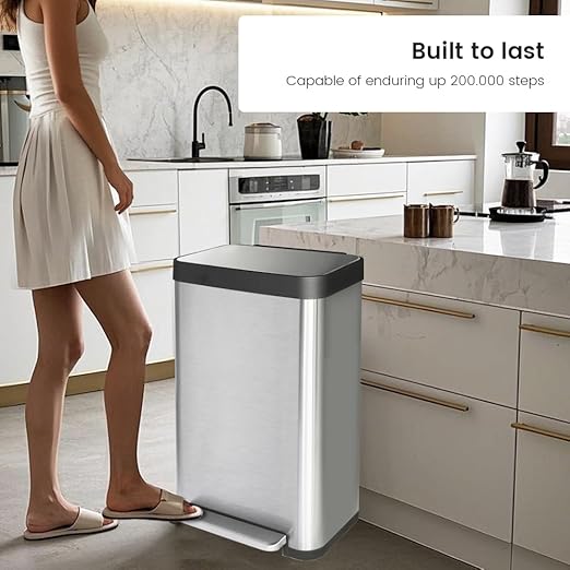 13 Gallon Stainless Steel Trash Can with Removable Inner Bucket, Soft Close & Stay Open Lid, Step-on Pedal – Modern Kitchen Garbage Can for Home, Office, or Commercial Use