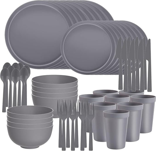 40 Piece RV & Camping Dinnerware Set, Elegant Ceramic-Look Large Bowls & Plates, Unbreakable & 100% Microwave Safe, Melamine Alternative Service for 8, Gray