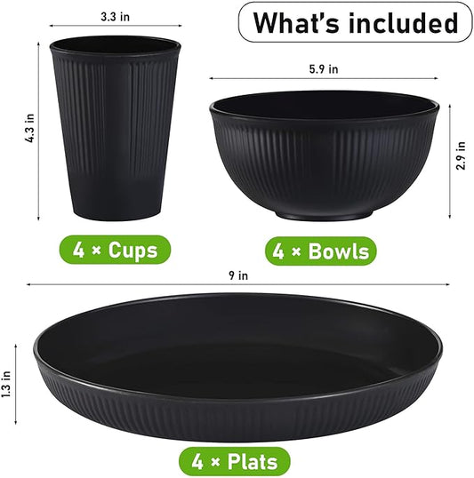Wheat Straw Dinnerware Sets, Kitchen Unbreakable Wheat Straw Plates and Bowls Sets for College Dorm Apartment Reusable Black 12pcs