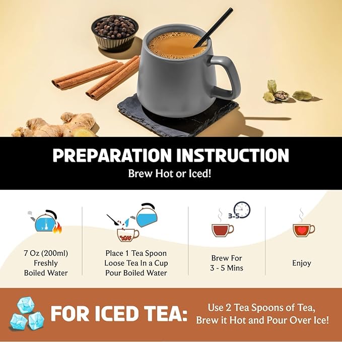 BREWIX, Masala Chai Tea Loose Leaf CTC TEA (50+ Cups, 3.53oz/100g) Strong Robust & Aromatic, All Natural | Blended with Exotic Spices | Ginger, Cinnamon, Cardamom, Clove & Black Pepper