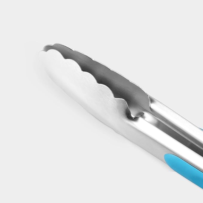 304 Stainless Steel Kitchen Cooking Tongs, 9" and 12" Set of 2 Sturdy Grilling Barbeque Brushed Locking Food Tongs with Ergonomic Grip, Blue