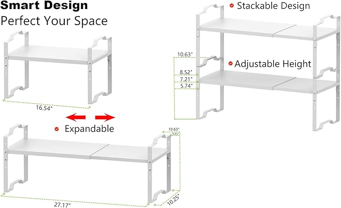Expandable Shelf for Cabinet Organizer Adjustable Stackable Spice Rack at Kitchen and Bathroom More, Counter Countertop Cupboard Organization Pantry Storage(LARGE/2PACKS/WHITE)