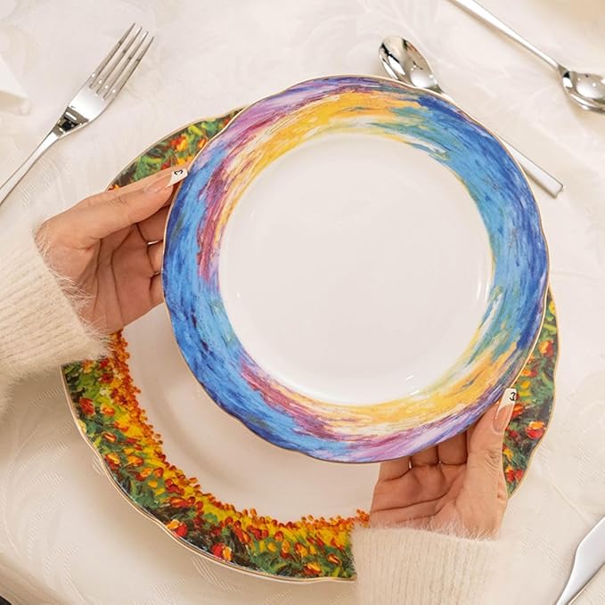 Exquisite ceramic tableware 3 Piece Bone China Modern Round Dishes Sets,Dinnerware dishset for Kitchen,Dinner Plate,Dessert Plate,Soup Bowl,Colorful flowers