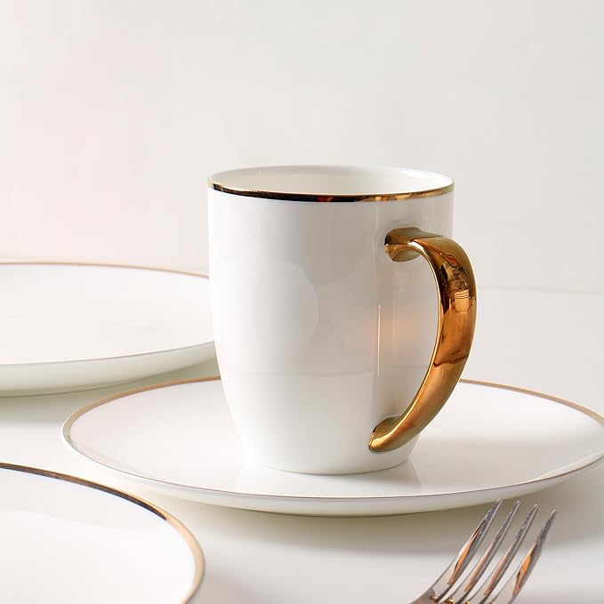 Bone China Dinnerware Set for 4, 16 Pc Round Dinner Set with Mugs - Porcelain and Microwave Safe - KOKEN