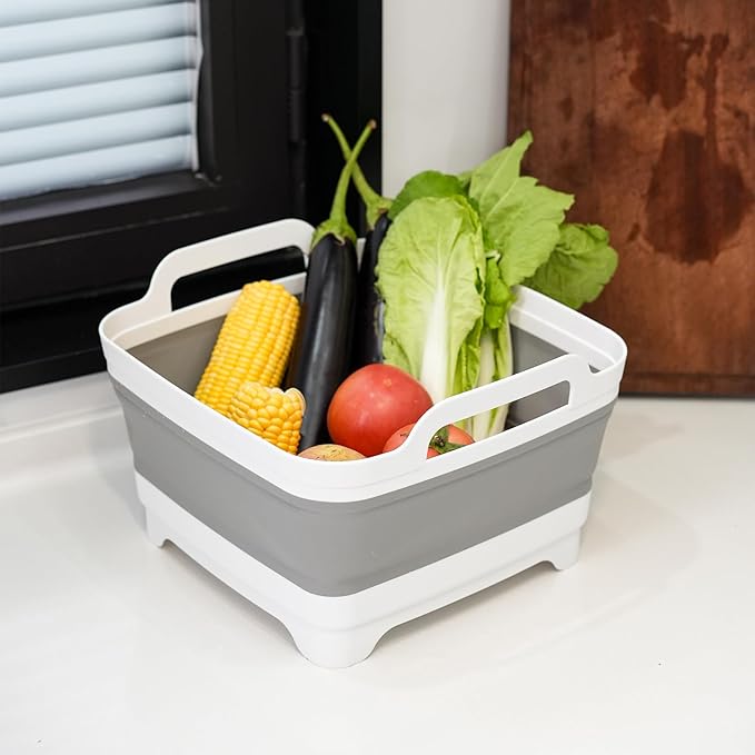 Collapsible Dish Basin, 2.4 Gallon Foldable Kitchen Sink with Drain Plug for Space-Saving Dish Washing, Vegetable & Baby Bottle Cleaning