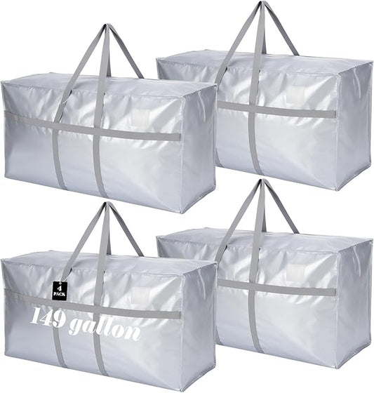 4 Pcs 149 Gallon Large Moving Bags with Zipper and Handles Foldable Storage Duffle Bags Heavy Duty Extra Large Totes for College Dorm Travel Clothes Blankets Bedding Moving (Silver)