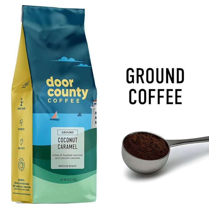 Door County Coffee Coconut Caramel Flavored Ground - Medium Roast - 10 oz Bag - 100% Specialty Grade 1 Arabica