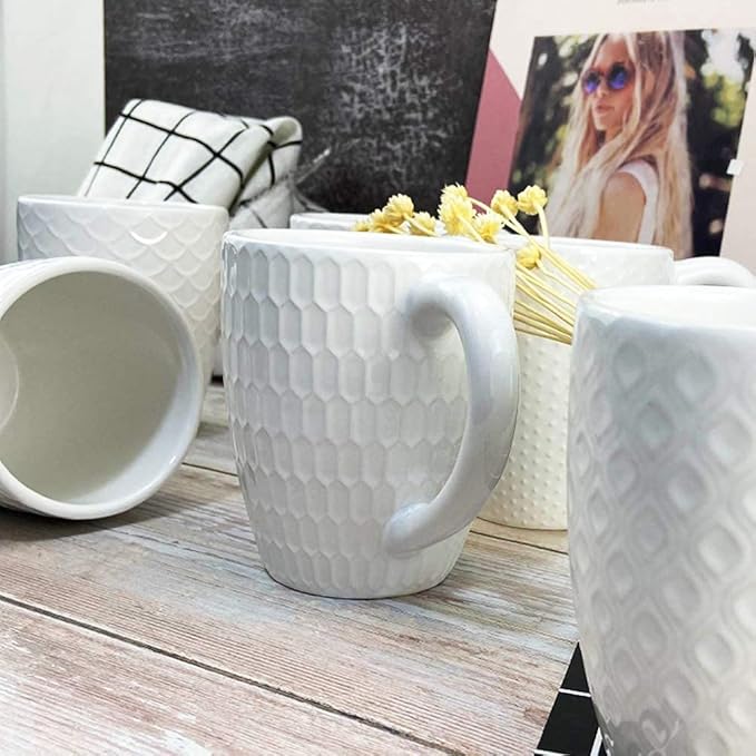 Schliersee 12 OZ White Ceramic Coffee Mugs set of 6, Stylish Embossed Coffee Cups Set for Coffee, Tea, Milk, Cocoa, Cereal