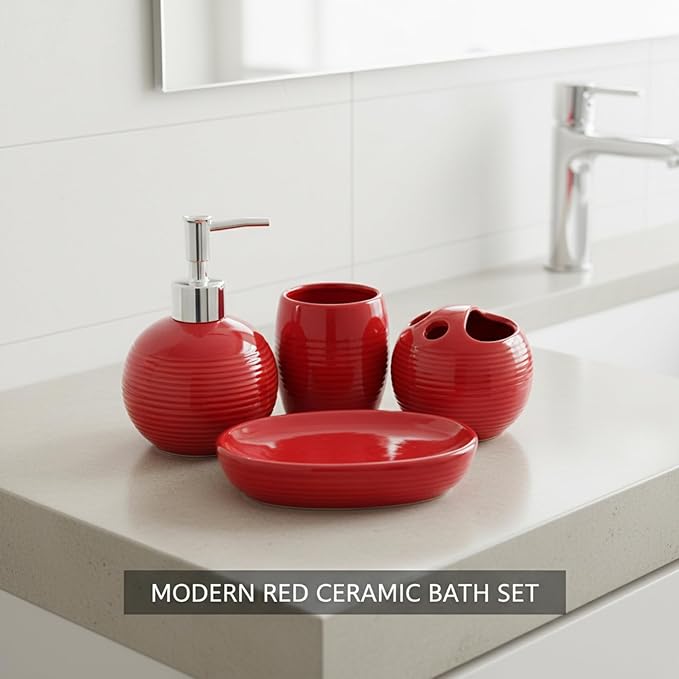 4Pcs Red Bathroom Accessories Set, Modern Ceramic Soap Dispenser, Toothbrush Holder, Tumbler and Soap Dish for Home and Apartment