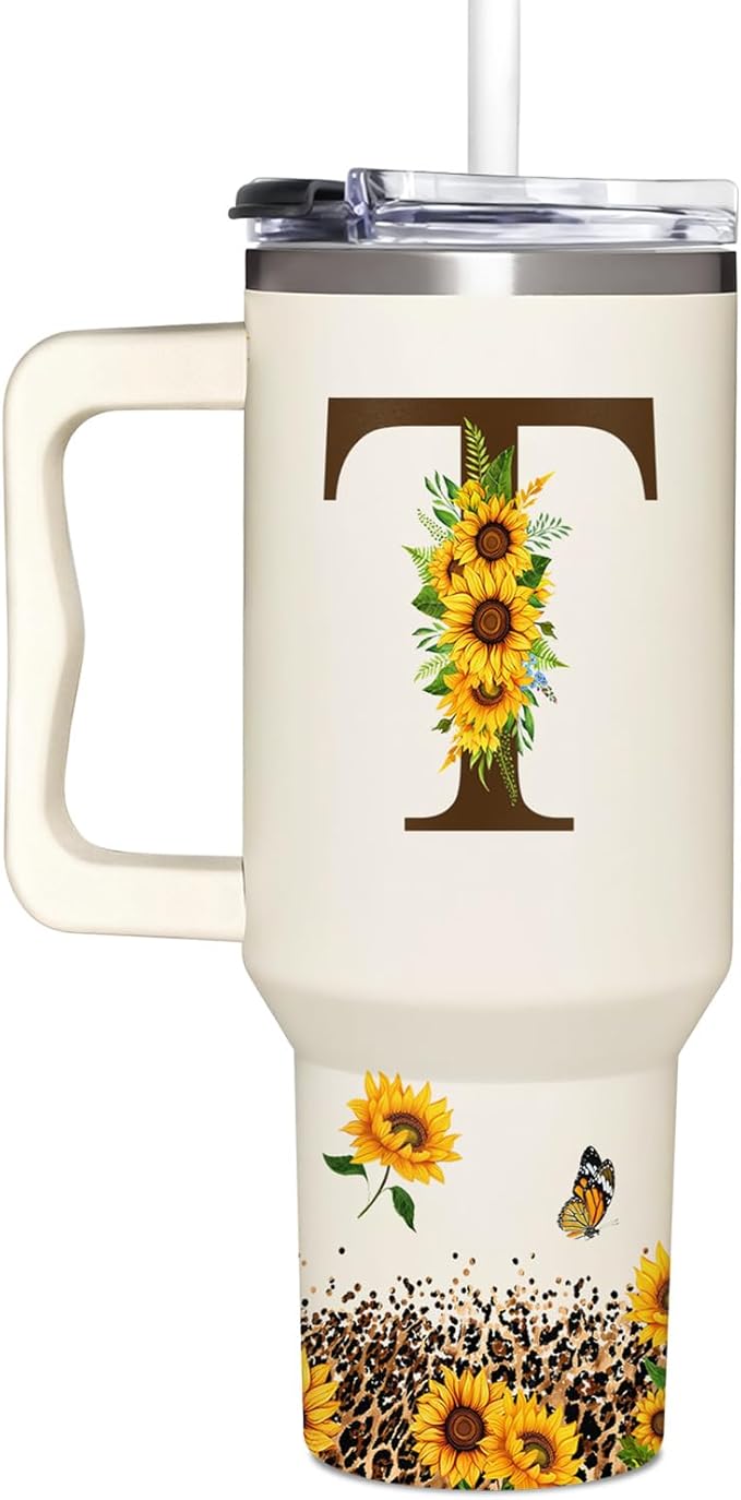 Personalized Birthday Gifts For Women - Sunflowers Monogrammed Cup For Boss Day, Christmas - Customized Gifts For Women, Mom, Wife, Coworkers, Boss Lady, Her - Custom Tumbler With Handle 40oz