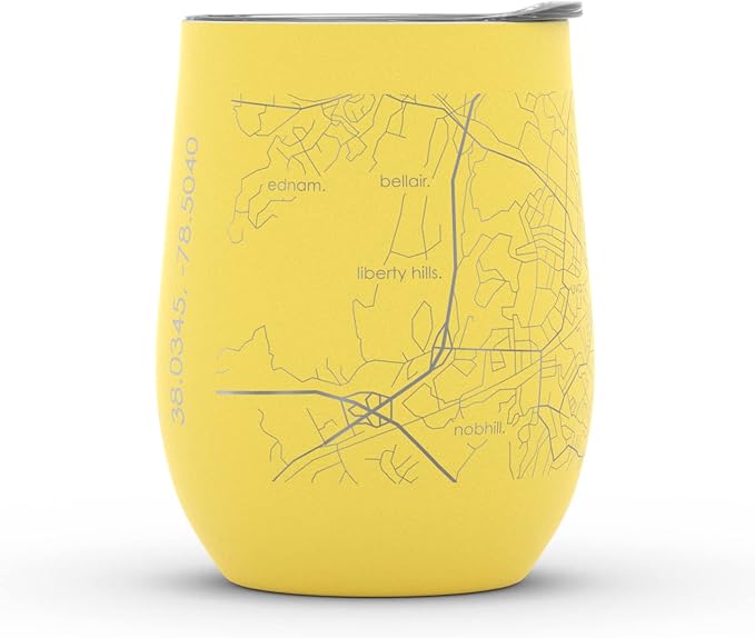 Well Told Engraved Charlottesville Virginia Map Insulated Wine Tumbler, Etched Stainless Steel Cup (12 oz, Sunrise Yellow) City Map Insulated Tumbler, Custom Insulated Tumbler, Outdoor Drinkware