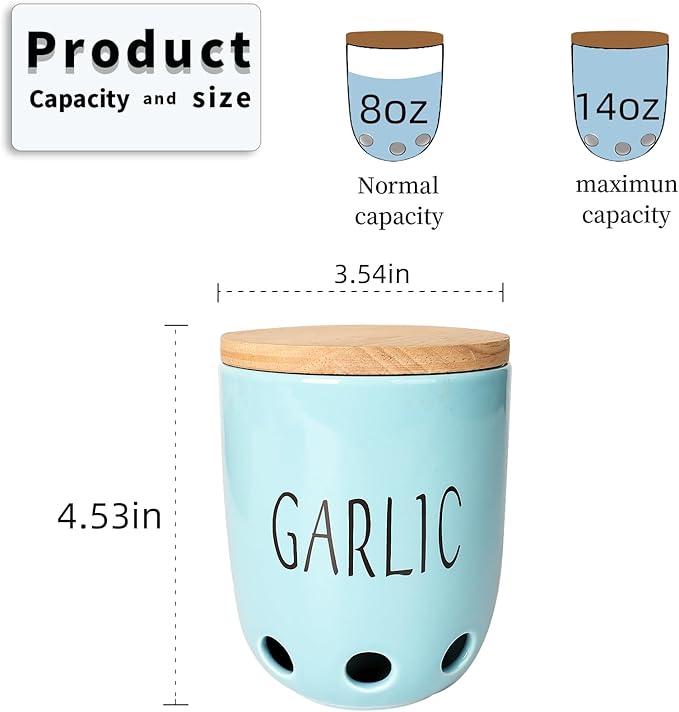 Ceramic Garlic Keeper for Counter, Garlic Saver Container with Wood Lid, Garlic Keeper for Kitchen, Garlic Holder to Keep Your Garlic Cloves Fresh Longer (Turquoise)